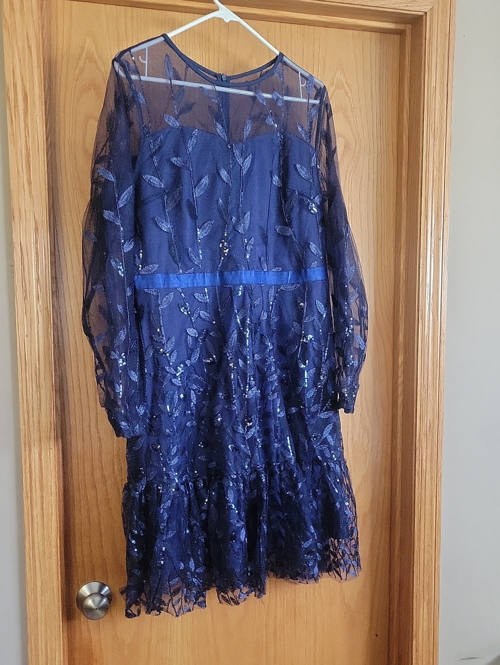 JJs House Navy Floral Sequin Mesh Long Sleeve Dress